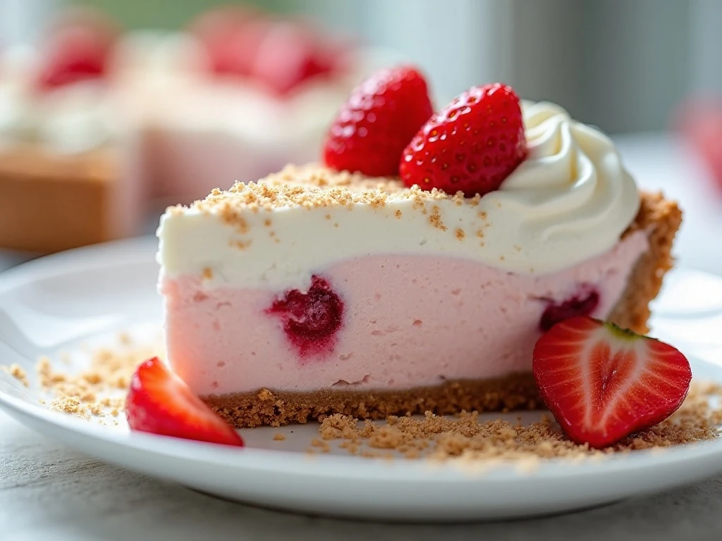Whipped cream and sliced strawberry garnish on ice cream pie
