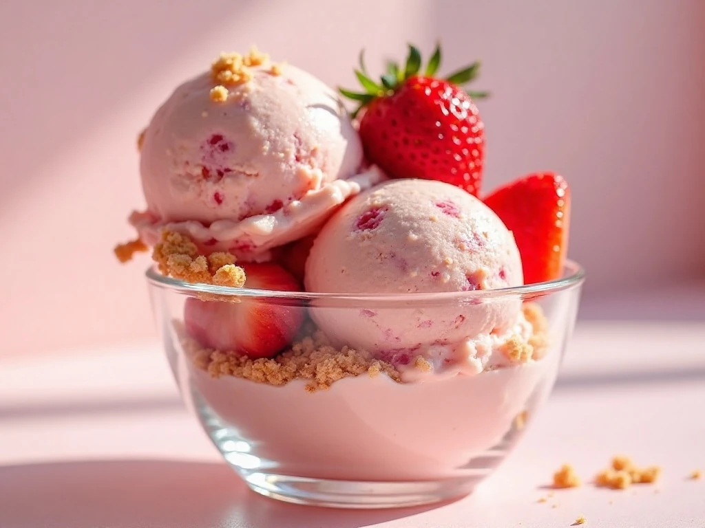 Scoop of creamy no-churn strawberry cheesecake ice cream with berry ribbons and biscuit crumbs