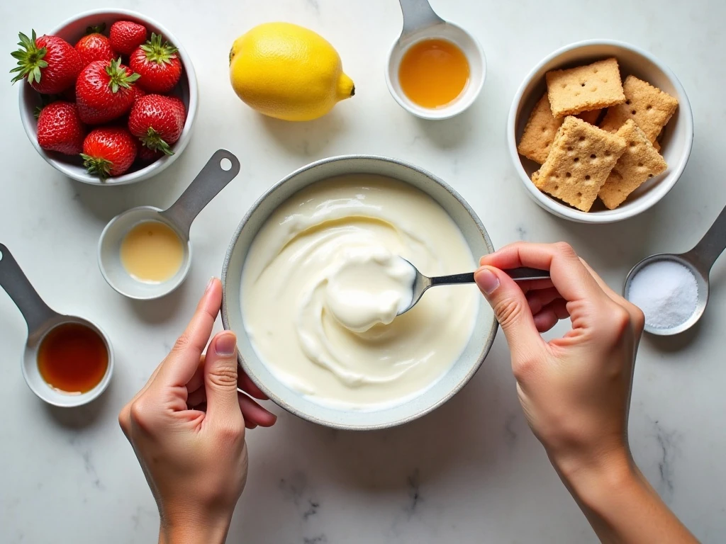 Ingredients for no-churn strawberry cheesecake ice cream arranged for preparation