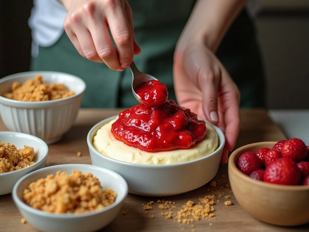Strawberry purée, cheesecake ice cream base, and biscuit crumble during preparation