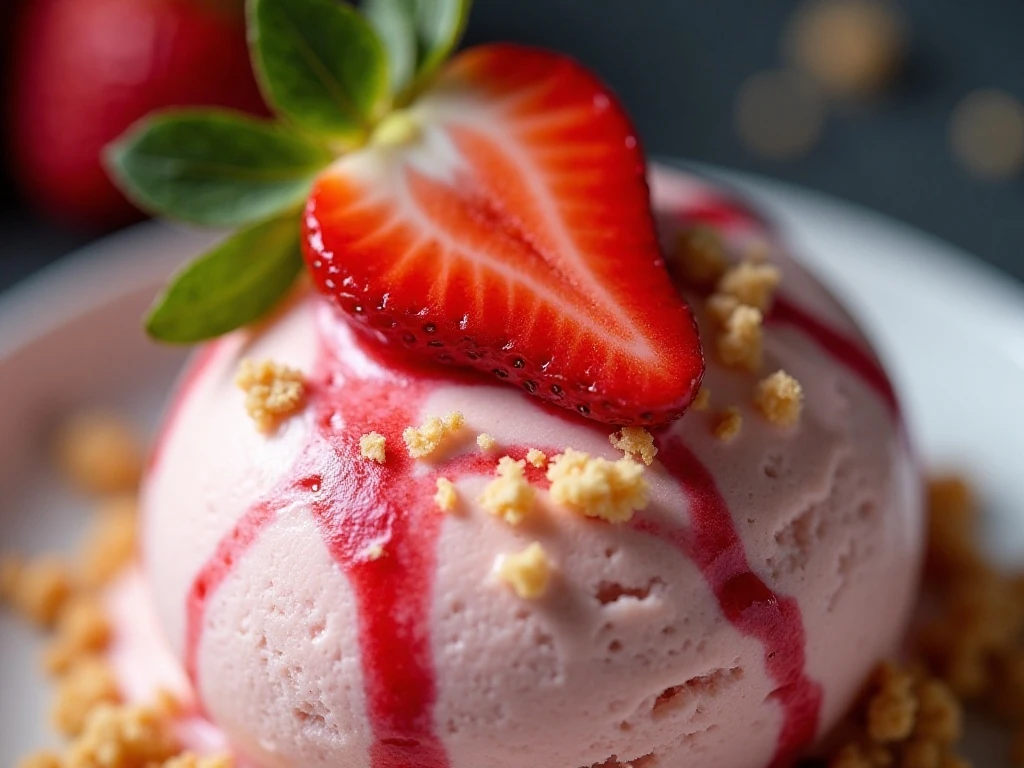 Close-up of strawberry cheesecake ice cream topped with fresh berries and crumble