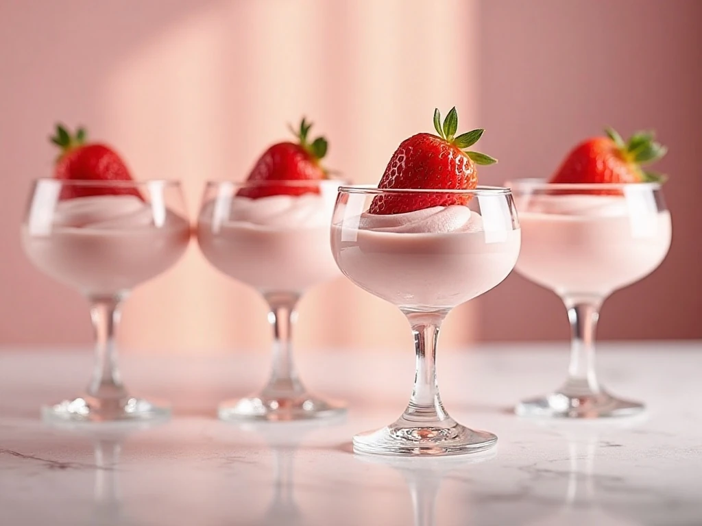 Four glasses of creamy strawberry cheesecake mousse with fresh strawberry garnish
