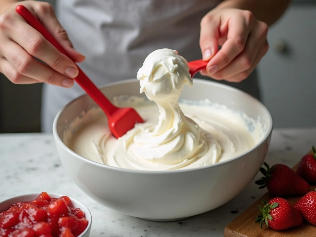 Gently folding whipped cream into strawberry cheesecake mousse mixture