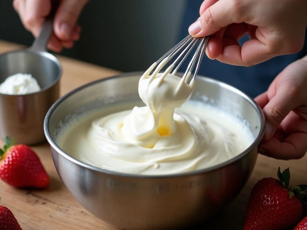 Heavy cream whipped to firm peaks for strawberry mousse