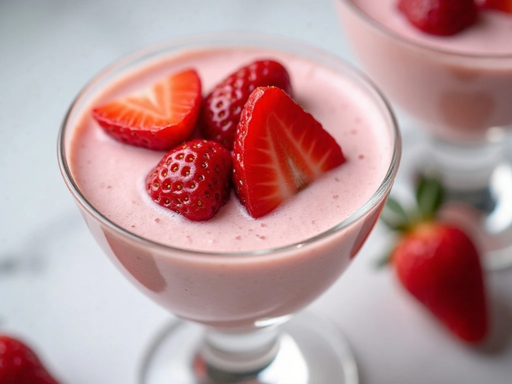 Chilled strawberry cheesecake mousse topped with fresh strawberries