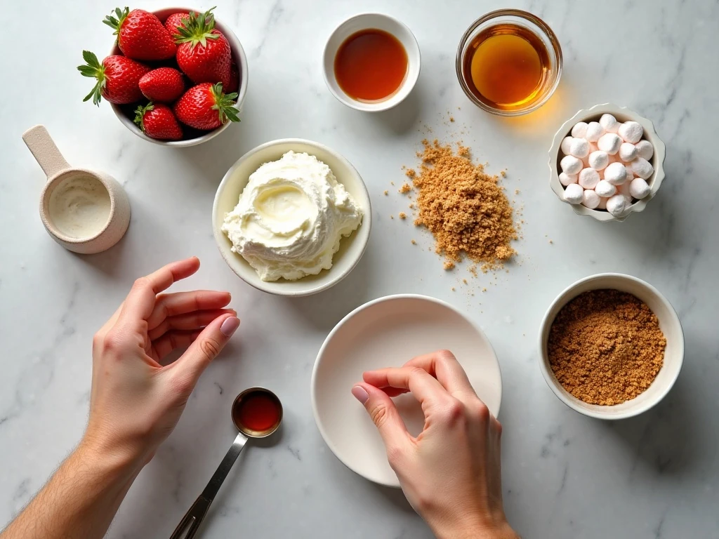 Ingredients for strawberry cheesecake salad arranged on a counter