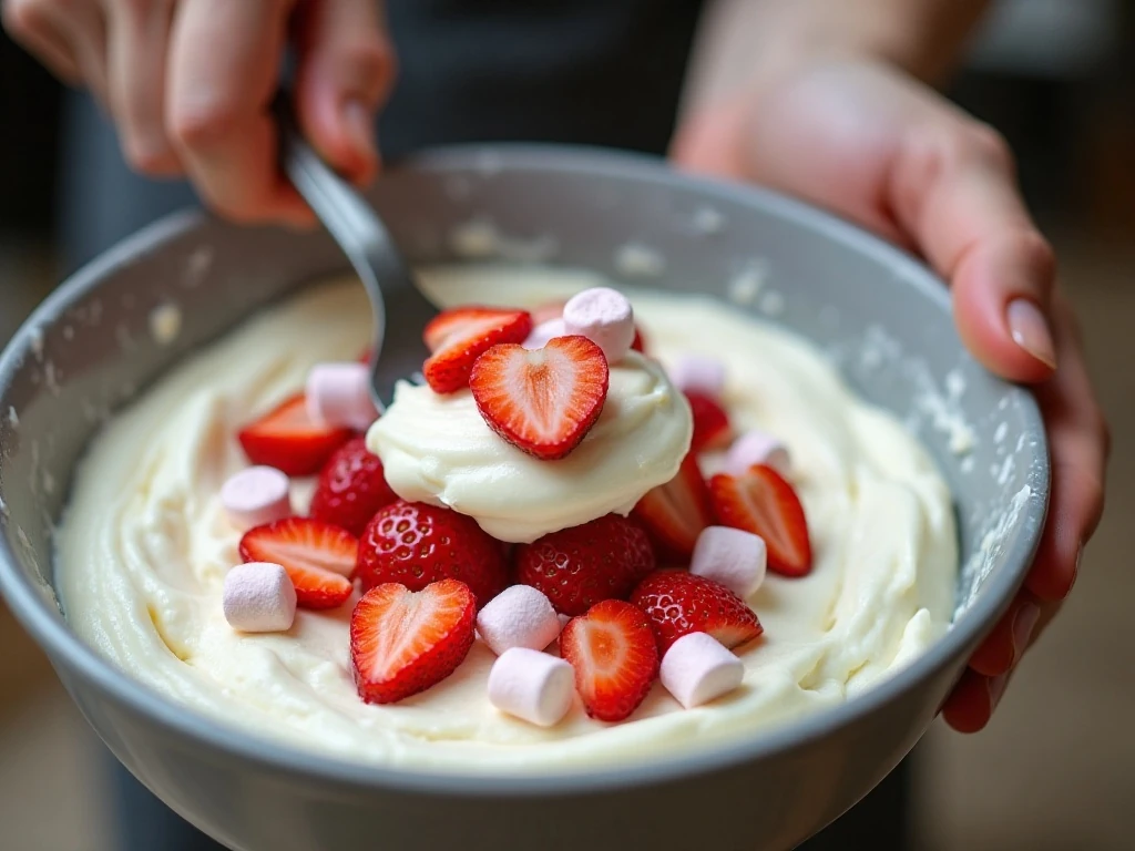 Folding strawberries and marshmallows into cheesecake salad mixture