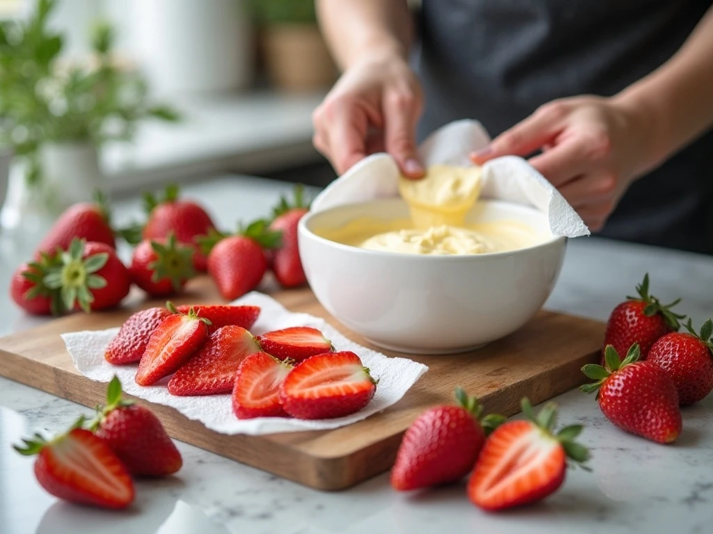 Patting sliced strawberries dry before adding them to cheesecake salad