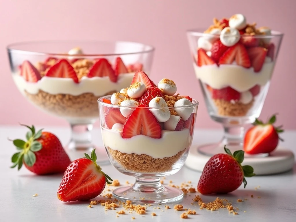 Strawberry cheesecake salad served in a bowl and individual dessert cups