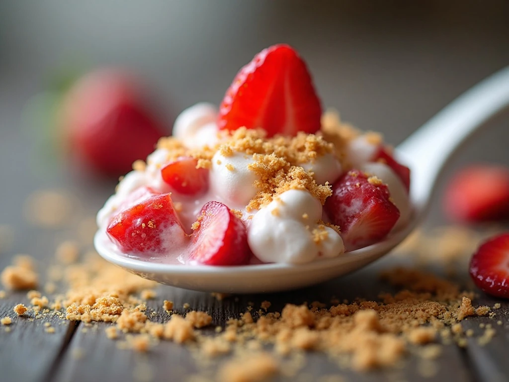 Close-up of strawberry cheesecake salad with graham-cracker topping