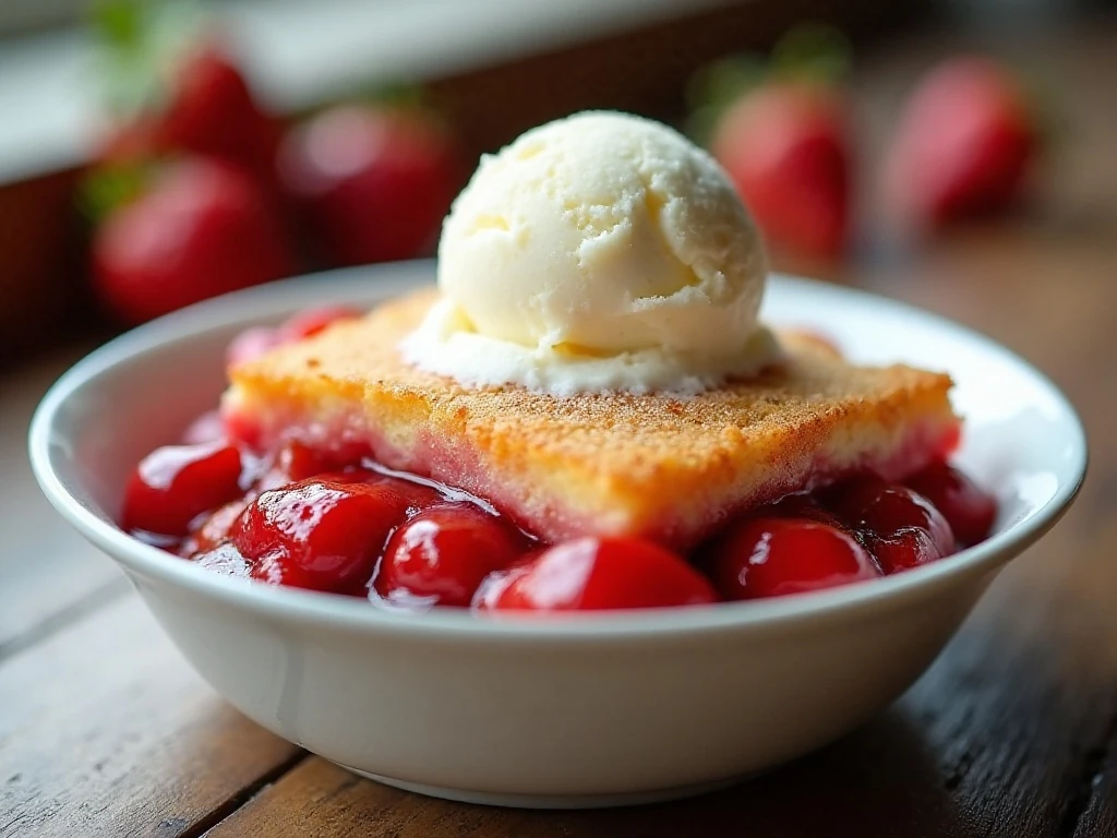 Warm strawberry cherry dump cake served with vanilla ice cream