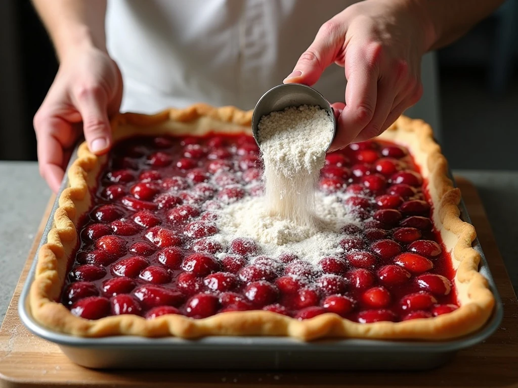 Layering fruit filling and dry cake mix for dump cake