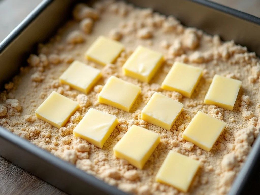 Thin butter slices covering cake mix for a golden dump cake topping