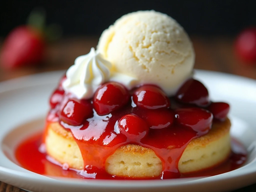 Strawberry cherry dump cake with ice cream and whipped cream