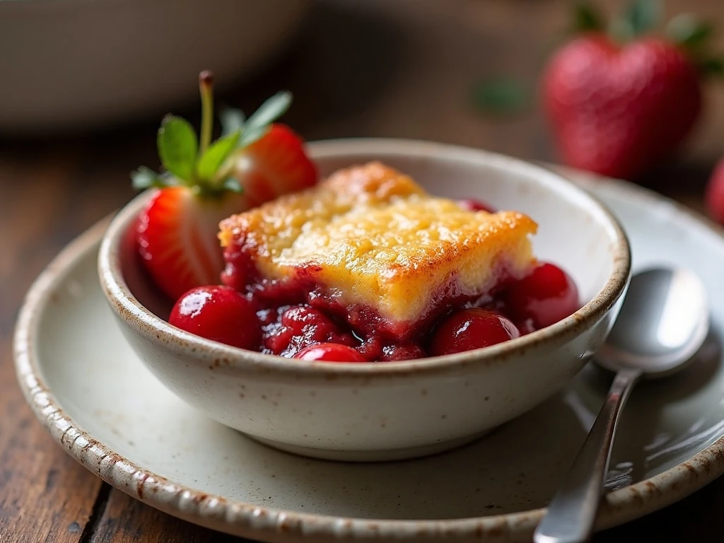 Reheated strawberry cherry dump cake portion