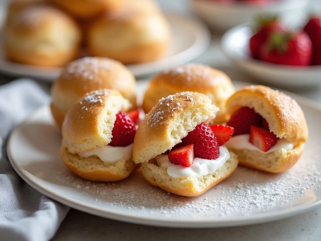 Golden homemade strawberry cream puffs filled with fresh strawberry whipped cream