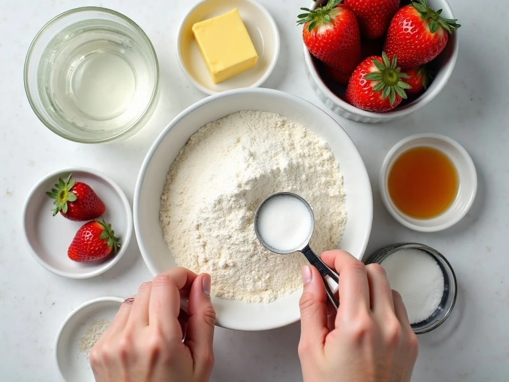 Ingredients for homemade strawberry cream puffs arranged on a counter