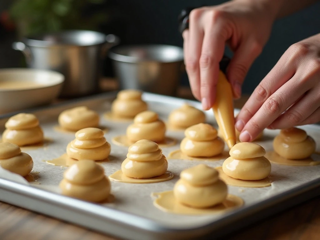 Piping choux pastry mounds onto a parchment-lined baking sheet