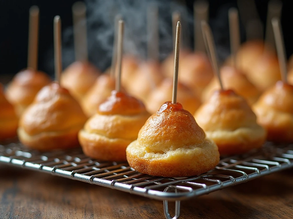 Deeply golden choux pastry shells cooling on a wire rack