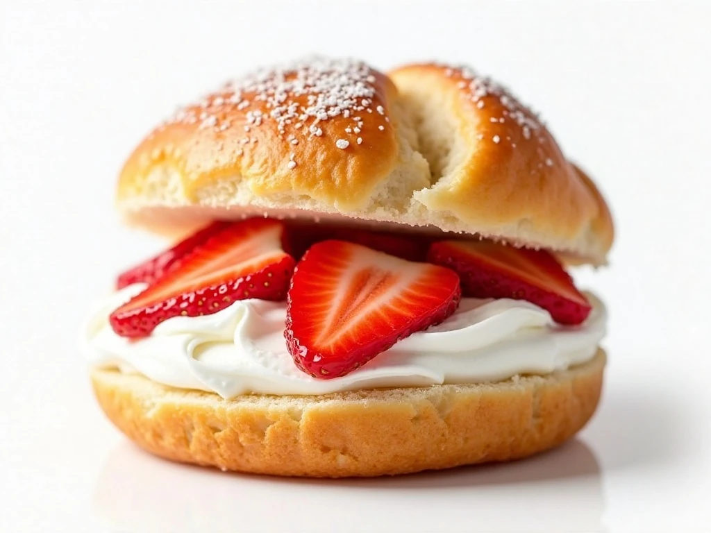 Strawberry whipped cream and fresh strawberry slices inside a cream puff