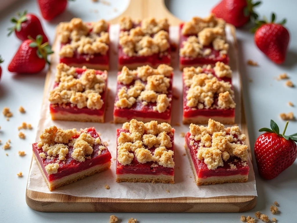 Strawberry crumble cookie bars arranged for serving