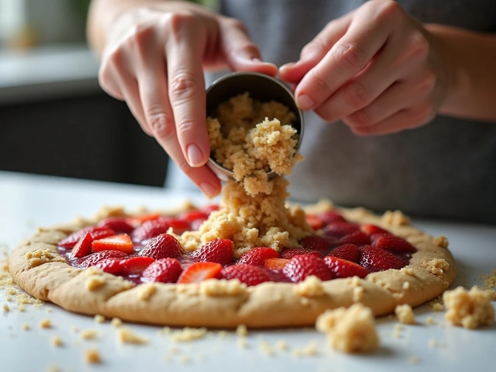 Adding uneven crumble topping over strawberry filling