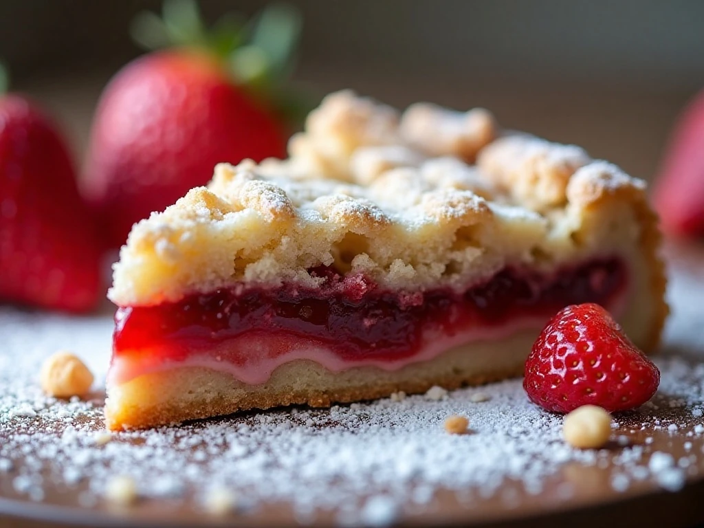 Close-up sliced strawberry crumble cookie bar