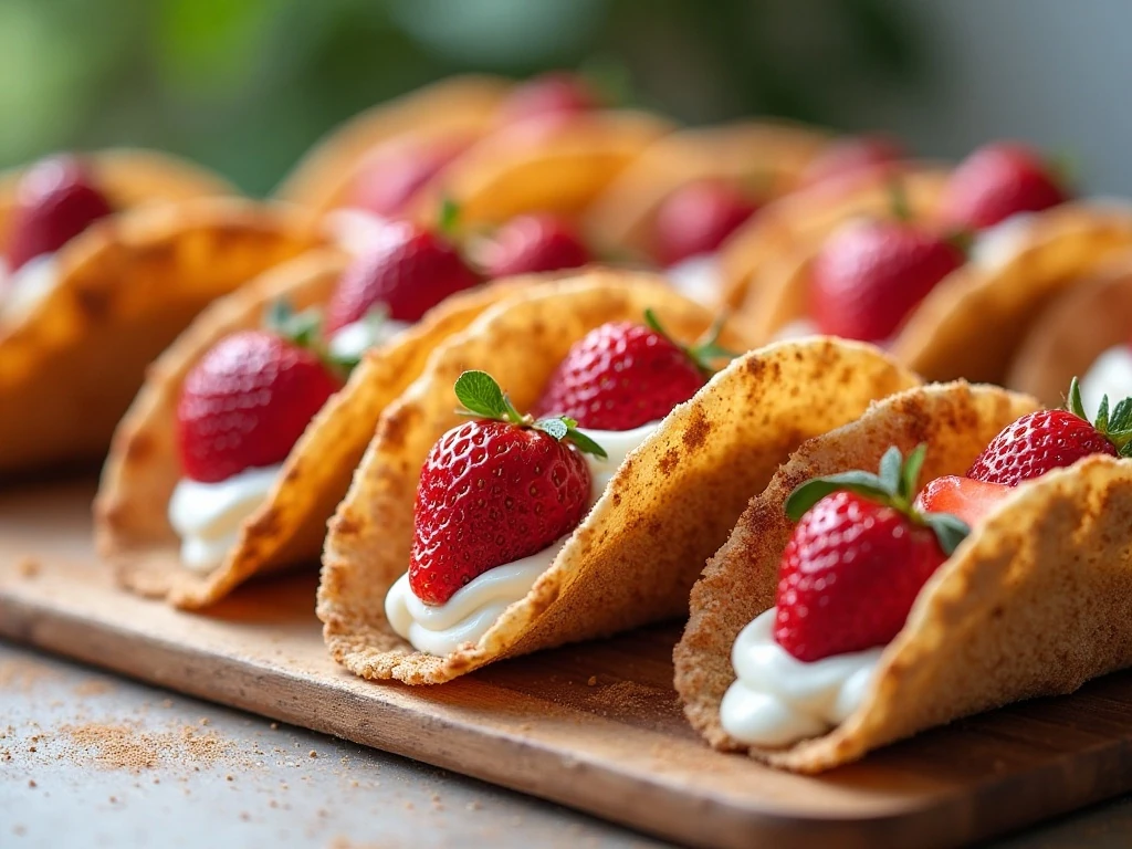 Eight easy strawberry dessert tacos with cinnamon-sugar shells and cheesecake filling