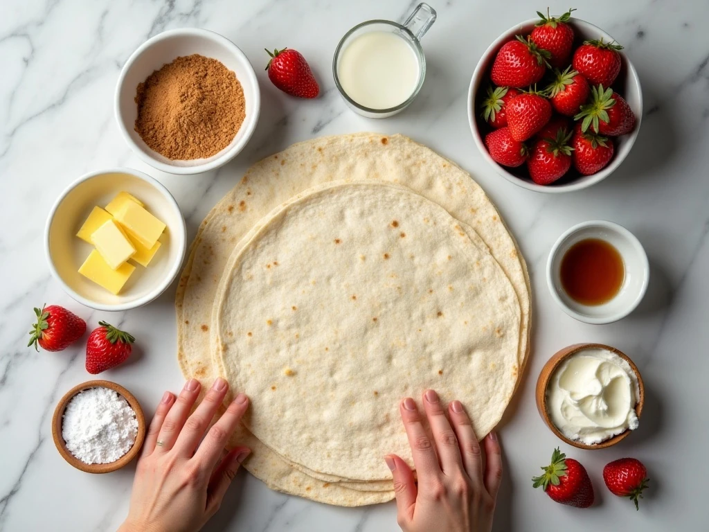 Ingredients for strawberry dessert tacos arranged for cooking