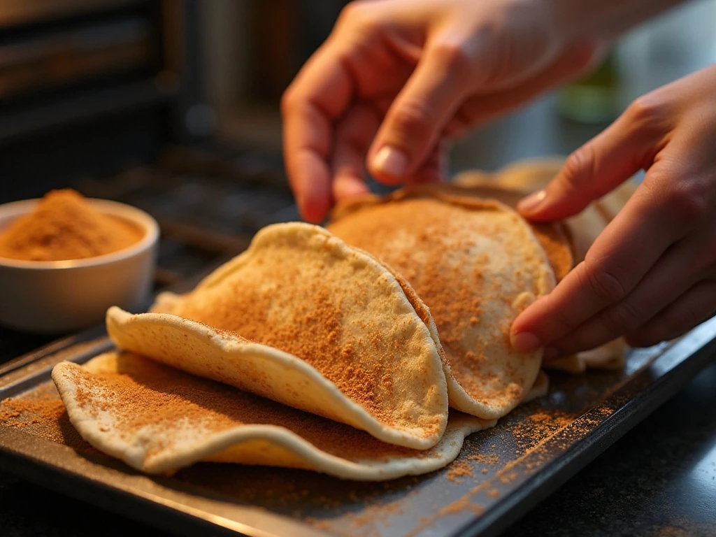 Shaping cinnamon-sugar tortillas into baked dessert taco shells