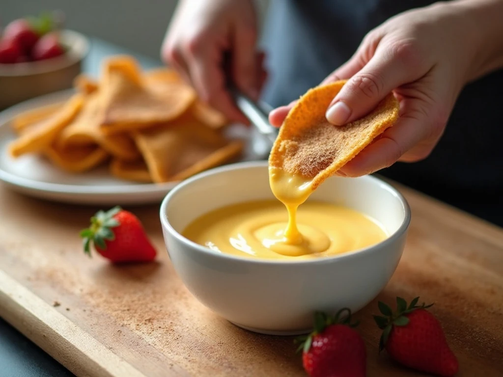Cheesecake filling, crisp taco shells, and strawberries ready for assembly