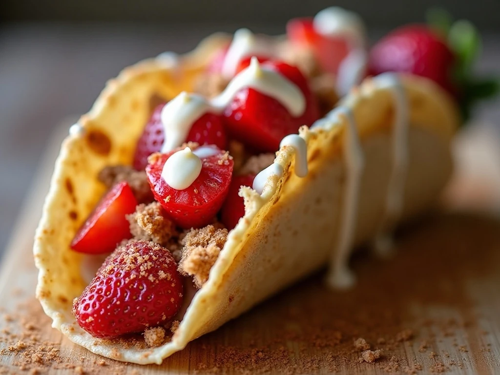 Strawberry dessert taco with white chocolate drizzle and graham crumbs