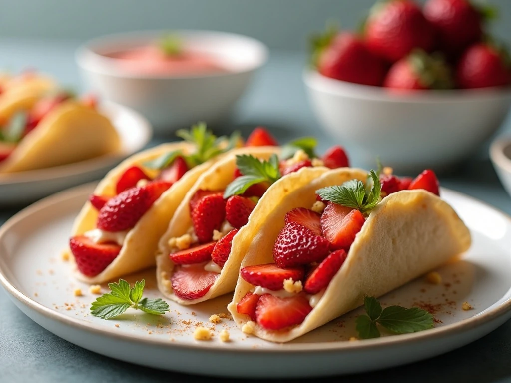 Freshly assembled strawberry dessert tacos ready to serve