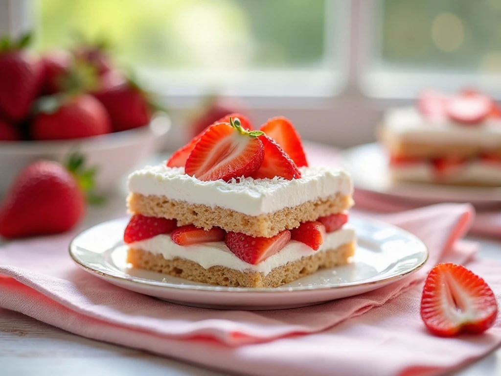 Slice of homemade strawberry icebox cake served as a summer dessert