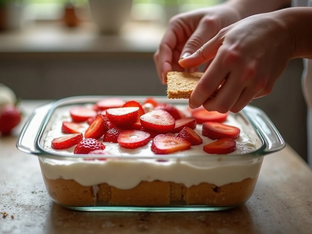 Assembling graham cracker, whipped cream, and strawberry layers for icebox cake