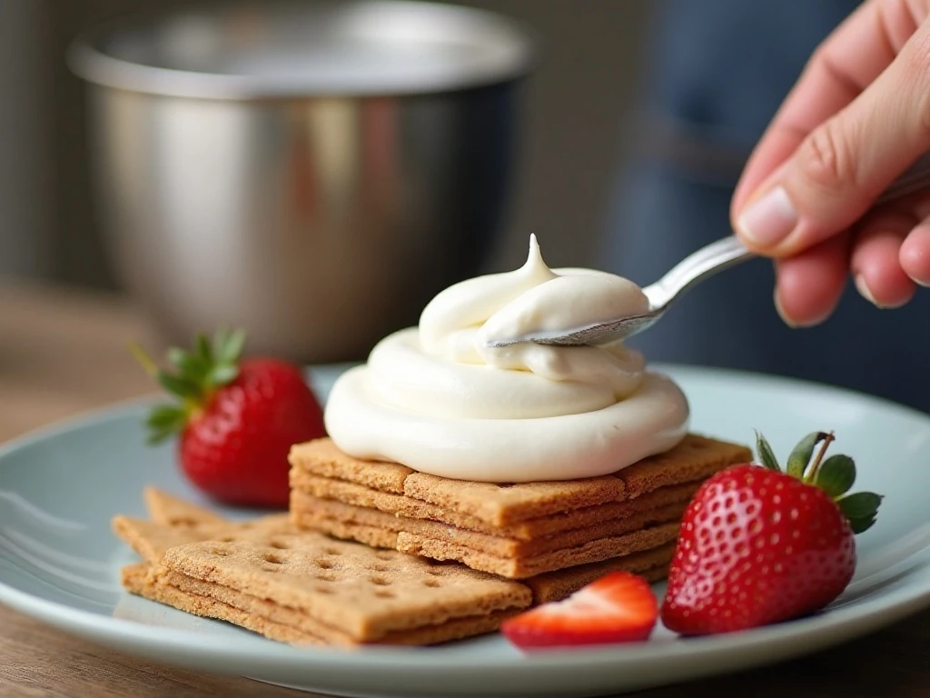 Spreading whipped cream while preparing strawberry icebox cake