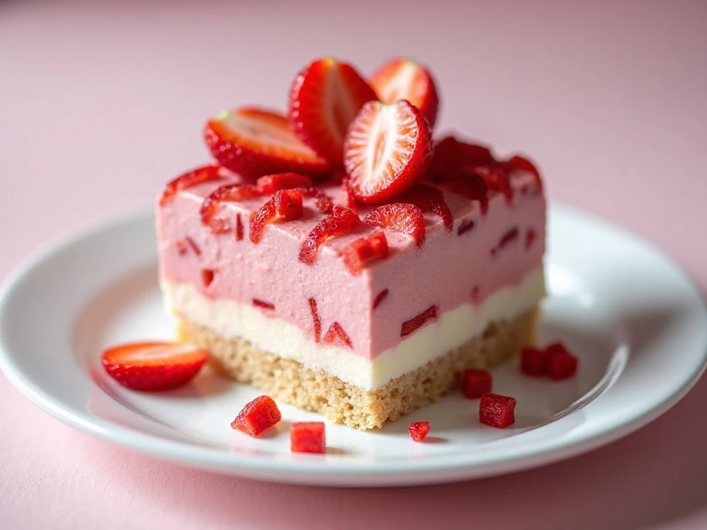 Chilled strawberry icebox cake slice ready to serve