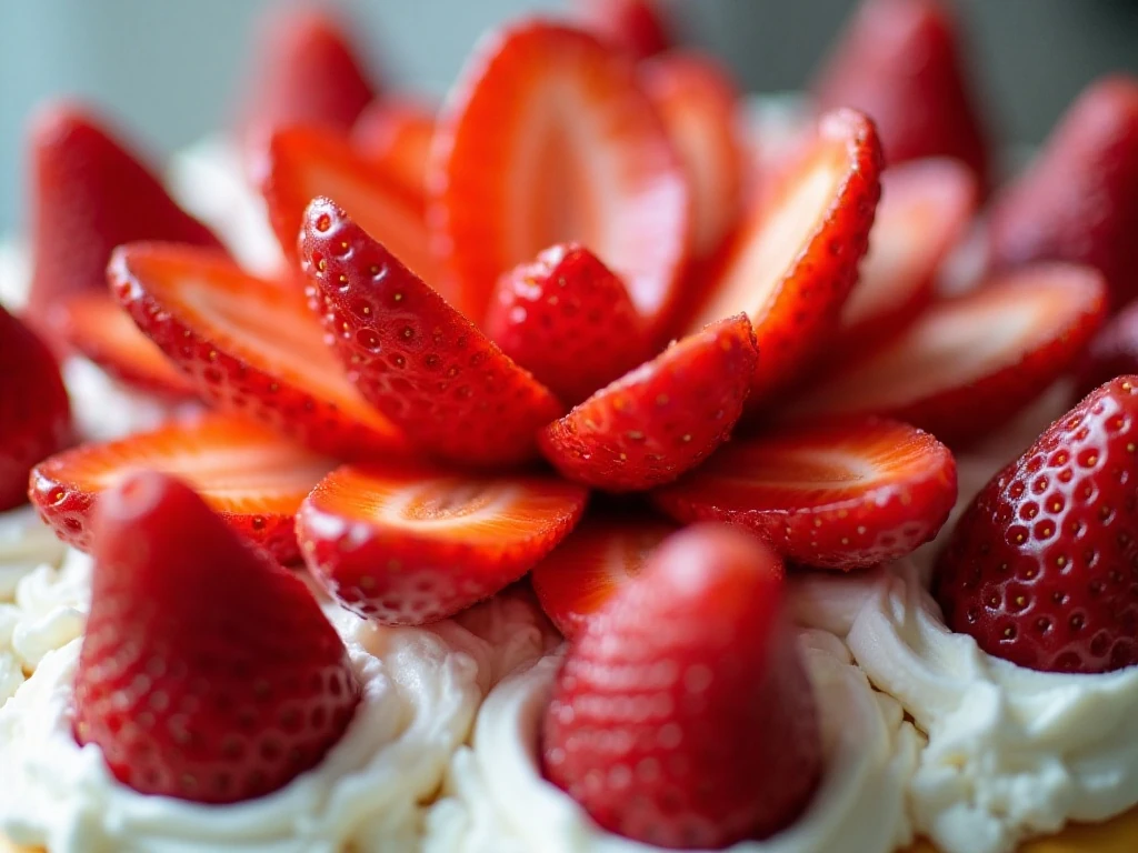 Fresh strawberry garnish on top of an icebox cake