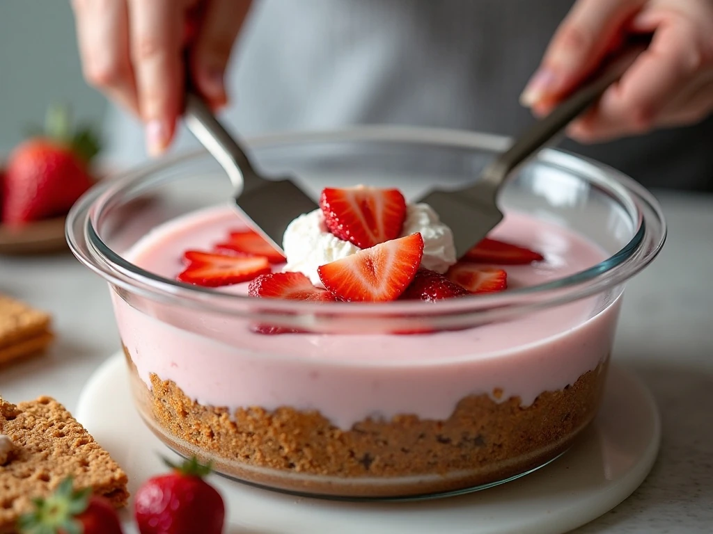 Folding strawberries into the Jello pie filling