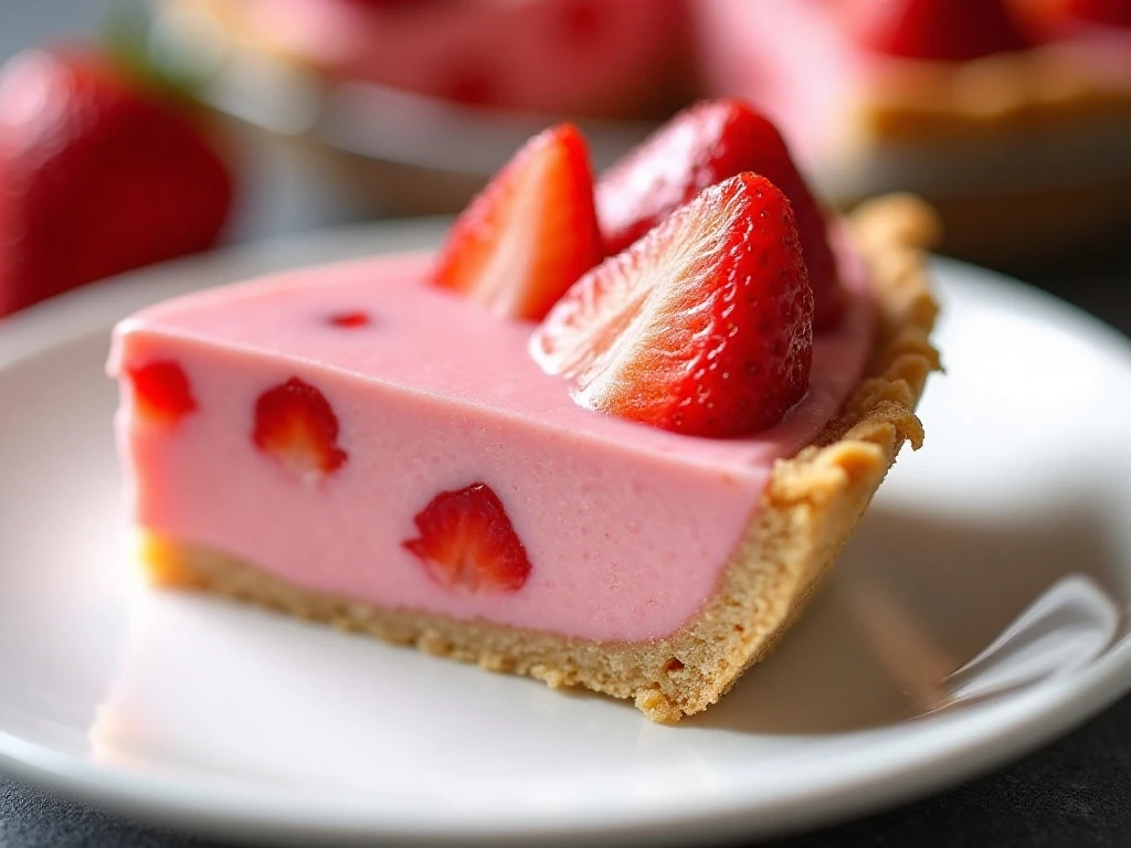 Close-up slice of creamy strawberry Jello pie