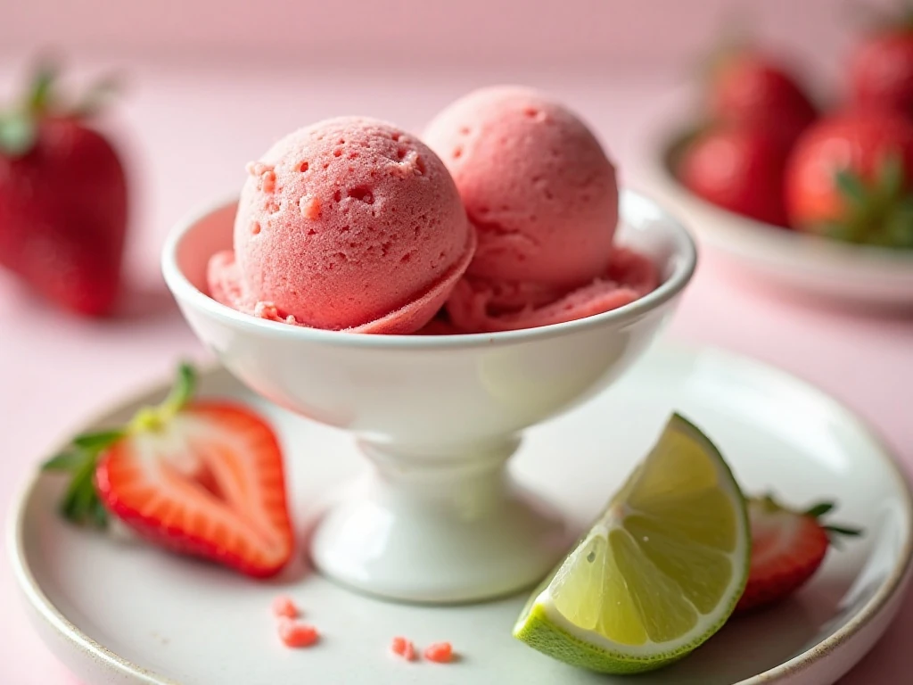 Two scoops of bright strawberry kiwi lime sorbet in a white dessert glass