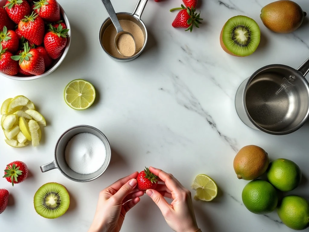 Ingredients for strawberry kiwi lime sorbet arranged for preparation