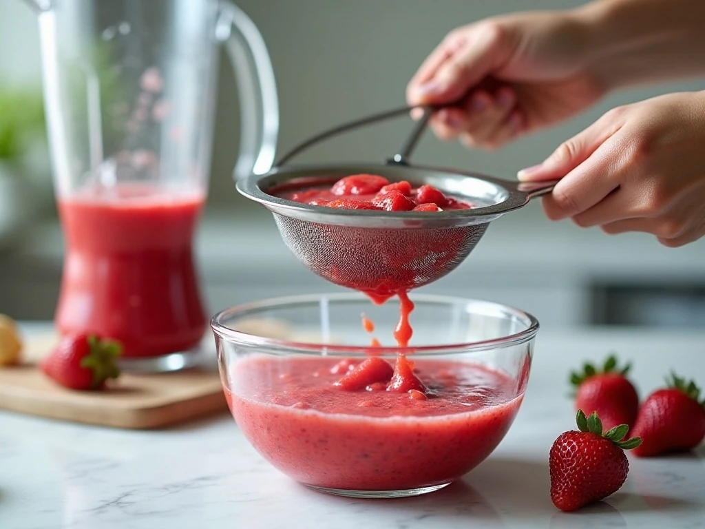 Straining blended strawberry kiwi lime sorbet puree