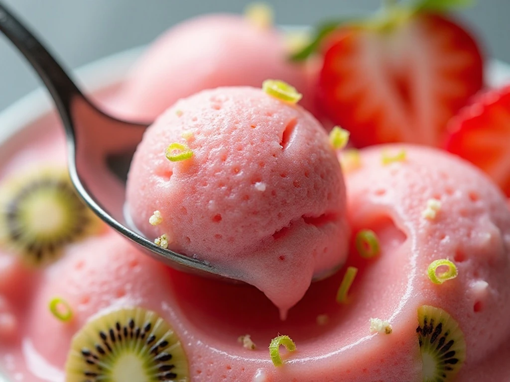 Close-up showing the smooth texture and lime garnish of fruit sorbet