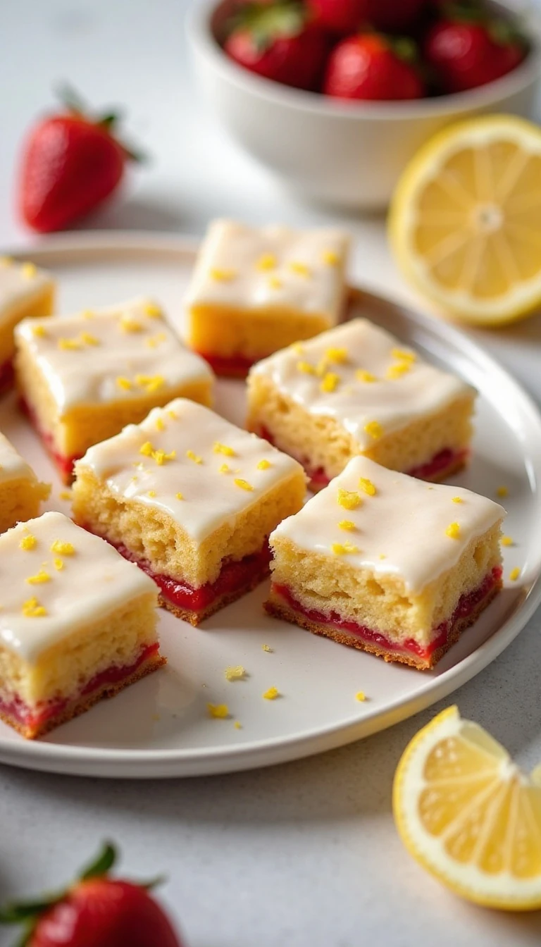 Easy Strawberry Lemon Blondies Recipe with Fresh Berries and Glaze