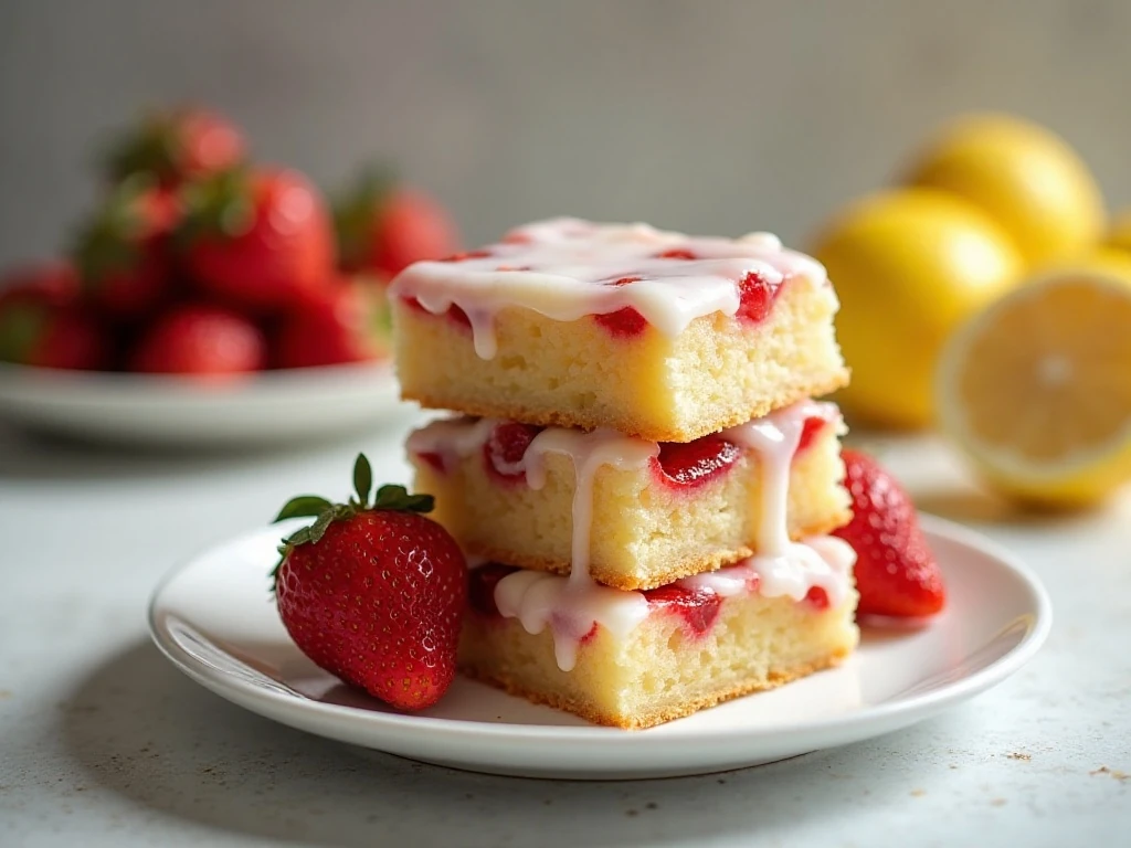 Stack of soft strawberry lemon blondies with lemon glaze