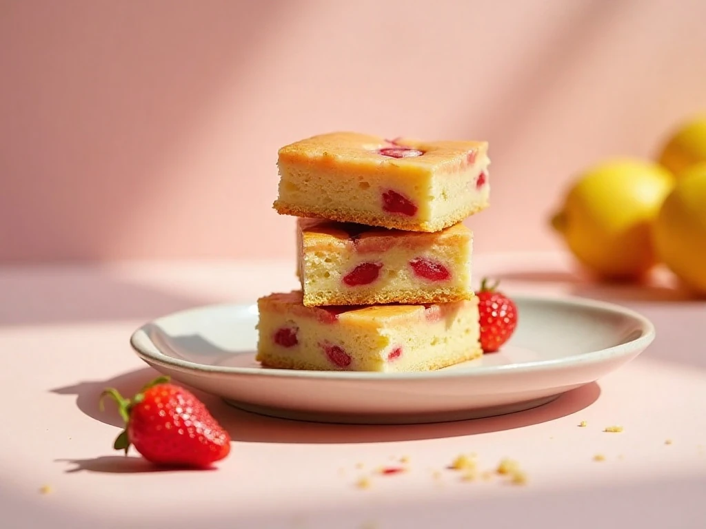Stack of chewy strawberry lemon blondies with lemon glaze