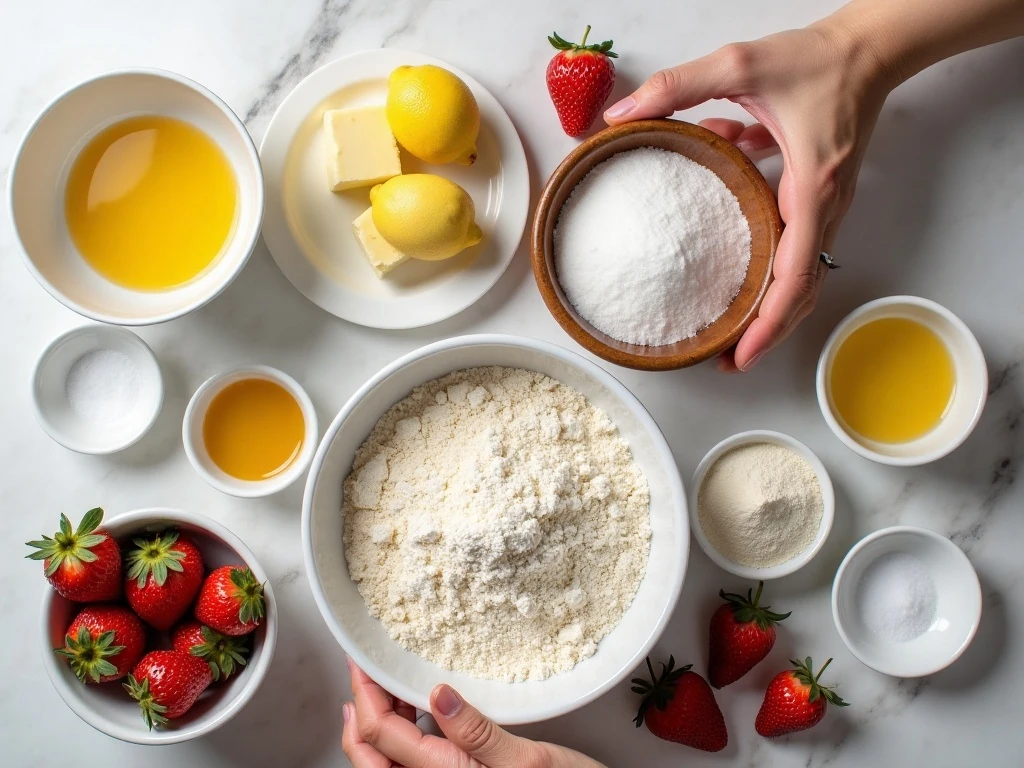 Ingredients for strawberry lemon blondies arranged for baking