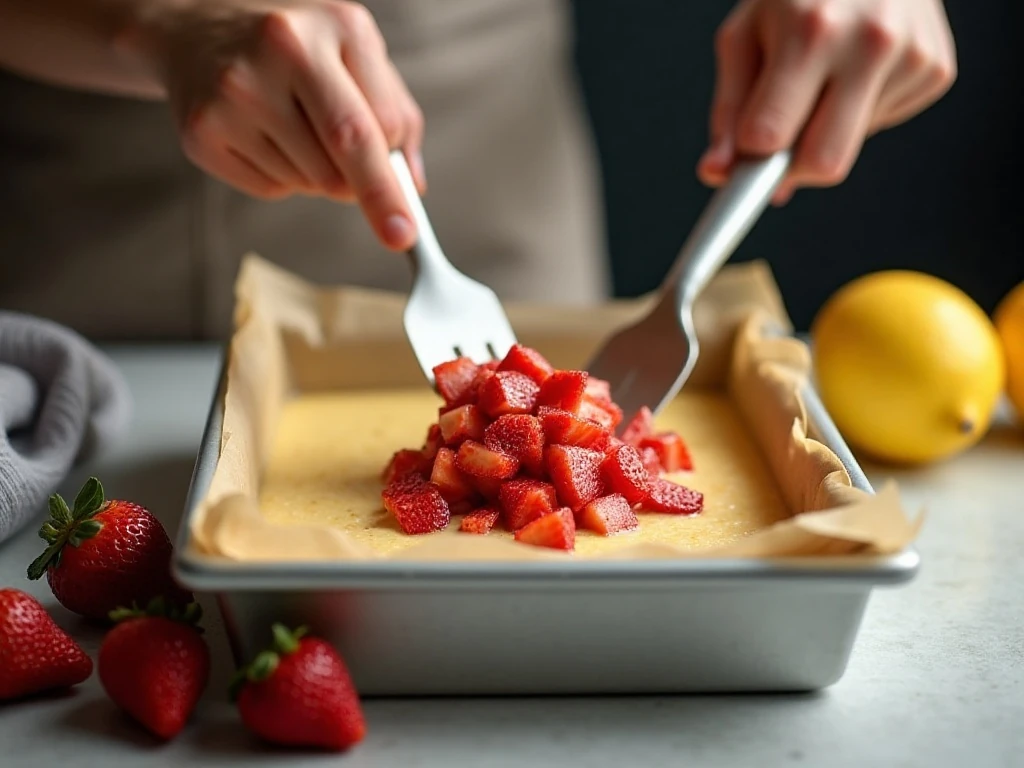 Folding diced strawberries into lemon blondie batter