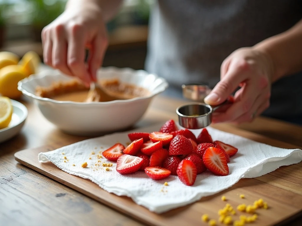 Diced strawberries being dried before adding to blondie batter